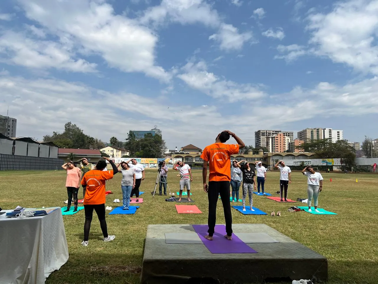 Guided outdoor yoga stretching session